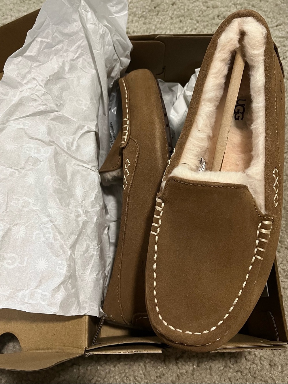 UGG Ansley Brown Suede Shearling-Lined Moccasin Slippers